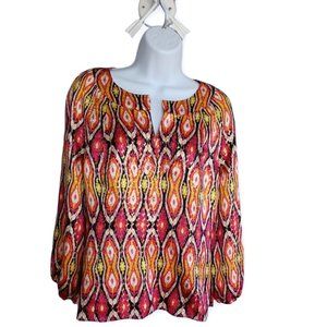 TORY BURCH • Size 8 Silk blouse ikat blue gold threads multi-color resort women